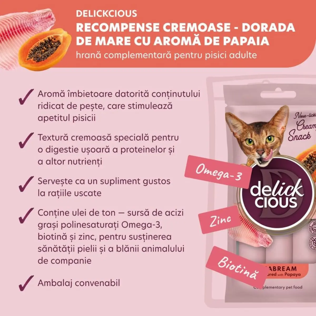 DELICKCIOUS Creamy Snack, Dorada si Papaya, plic recompense pisici, 60g - Image 4