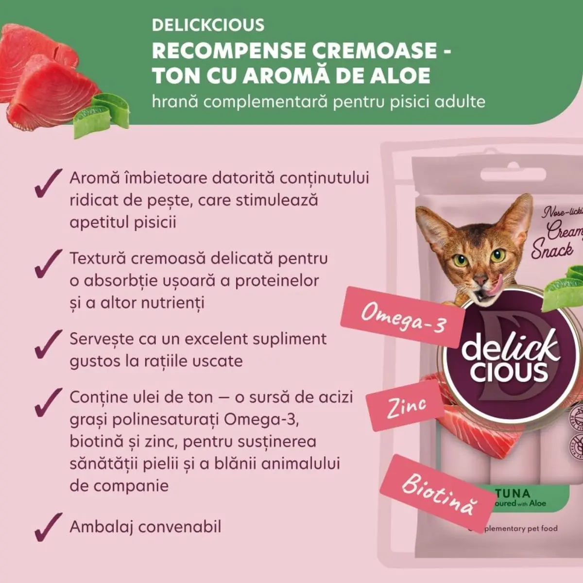 DELICKCIOUS Creamy Snack, Ton si Aloe Vera, plic recompense pisici, 60g - Image 4