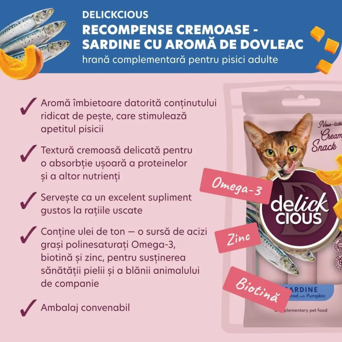 DELICKCIOUS Creamy Snack, Sardine si dovleac, plic recompense pisici, 60g - Image 3