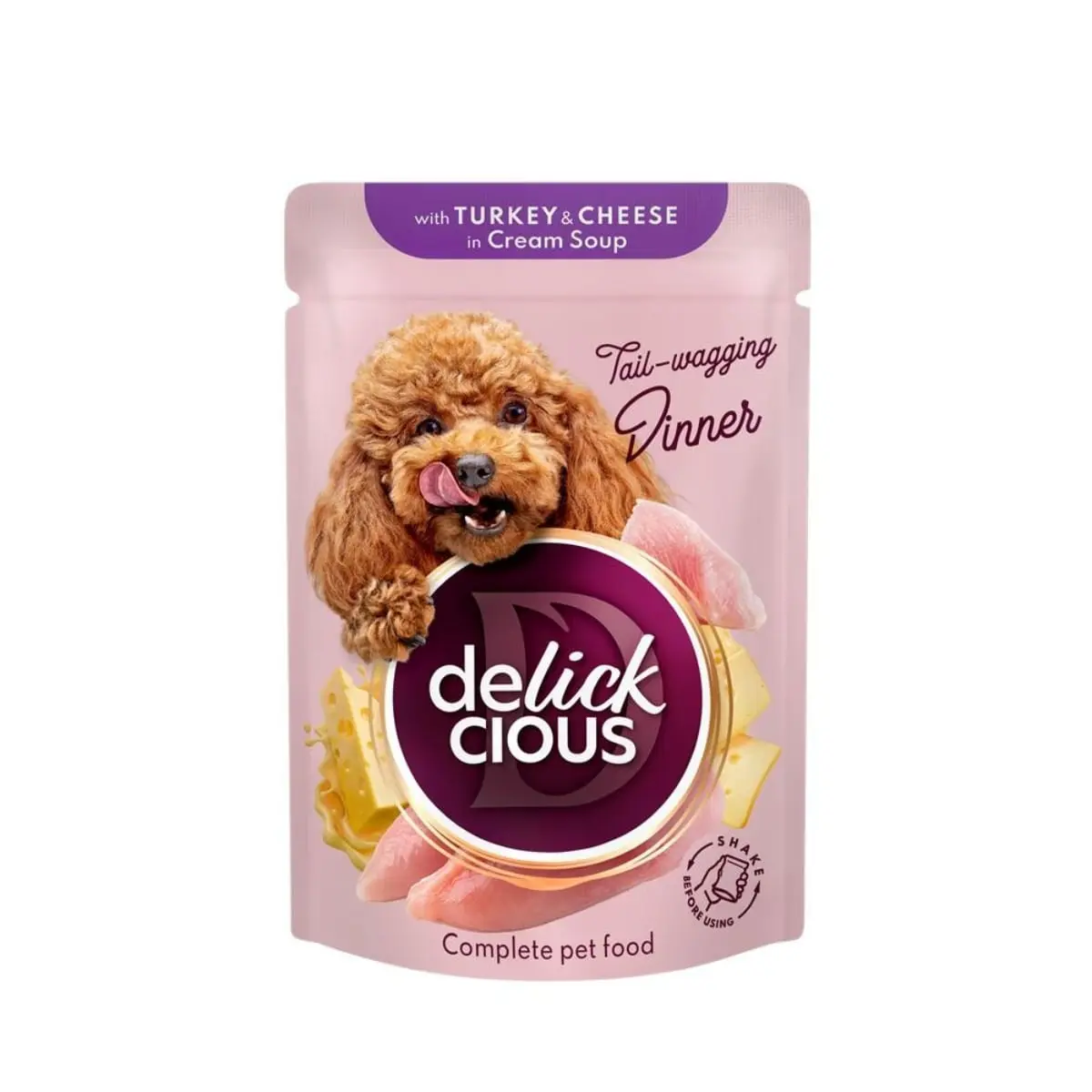 DELICKCIOUS Dinner, XS-S, Curcan si Branza, plic hrana umeda caini, (in supa), bax, 85g x 12buc