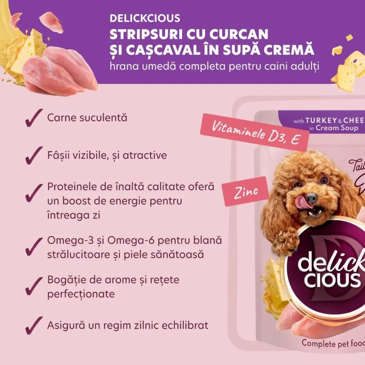 DELICKCIOUS Dinner, XS-S, Curcan si Branza, plic hrana umeda caini, (in supa), bax, 85g x 12buc - Image 4