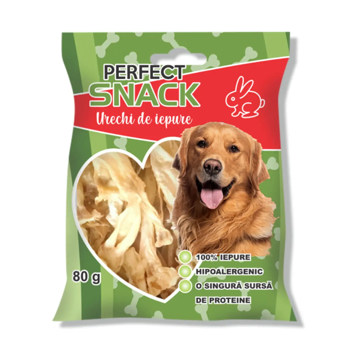 PERFECT SNACK Urechi de Iepure, XS-XL, Iepure, punguta recompense monoproteice fara cereale caini, 80g