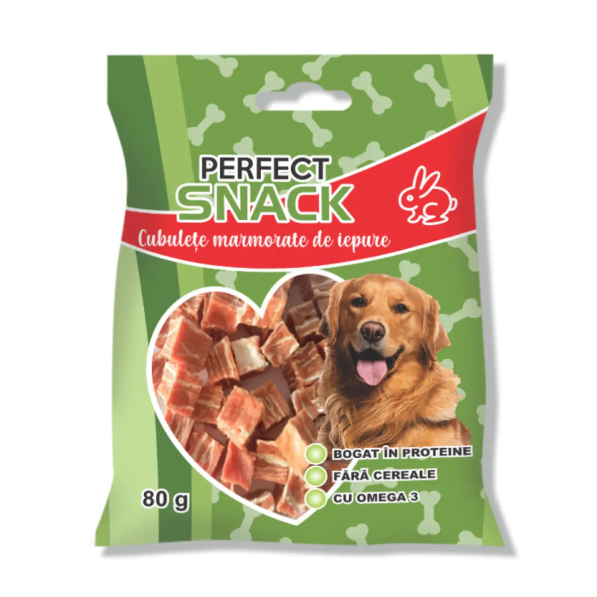 PERFECT SNACK Cubulete Marmorate, XS-XL, Iepure, punguta recompense fara cereale caini, 80g