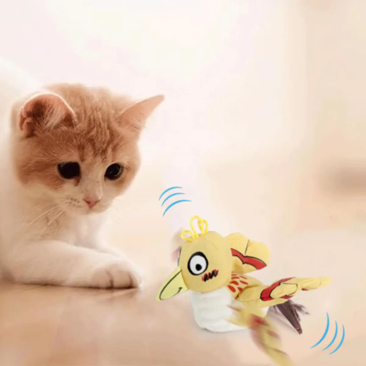 SHAW Pasare cu Aripi Batante & Pene Naturale, jucarie interactiva pisici, inteligente, cu sunet, textil, galben, 17x20x7cm, 1buc - Image 4