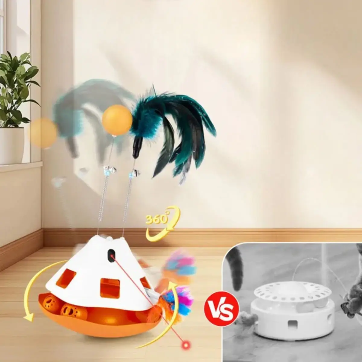 SHAW 3-in-1 Laser & Bila & Pene & 4 Moduri de Viteza, jucarie interactiva pisici, inteligente, plastic, alb si portocaliu, 1buc - Image 4