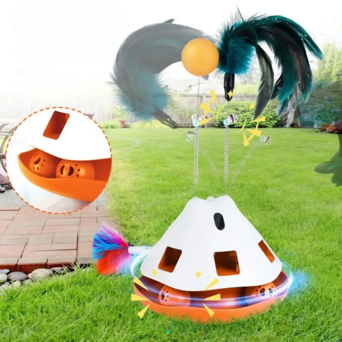 SHAW 3-in-1 Laser & Bila & Pene & 4 Moduri de Viteza, jucarie interactiva pisici, inteligente, plastic, alb si portocaliu, 1buc - Image 5