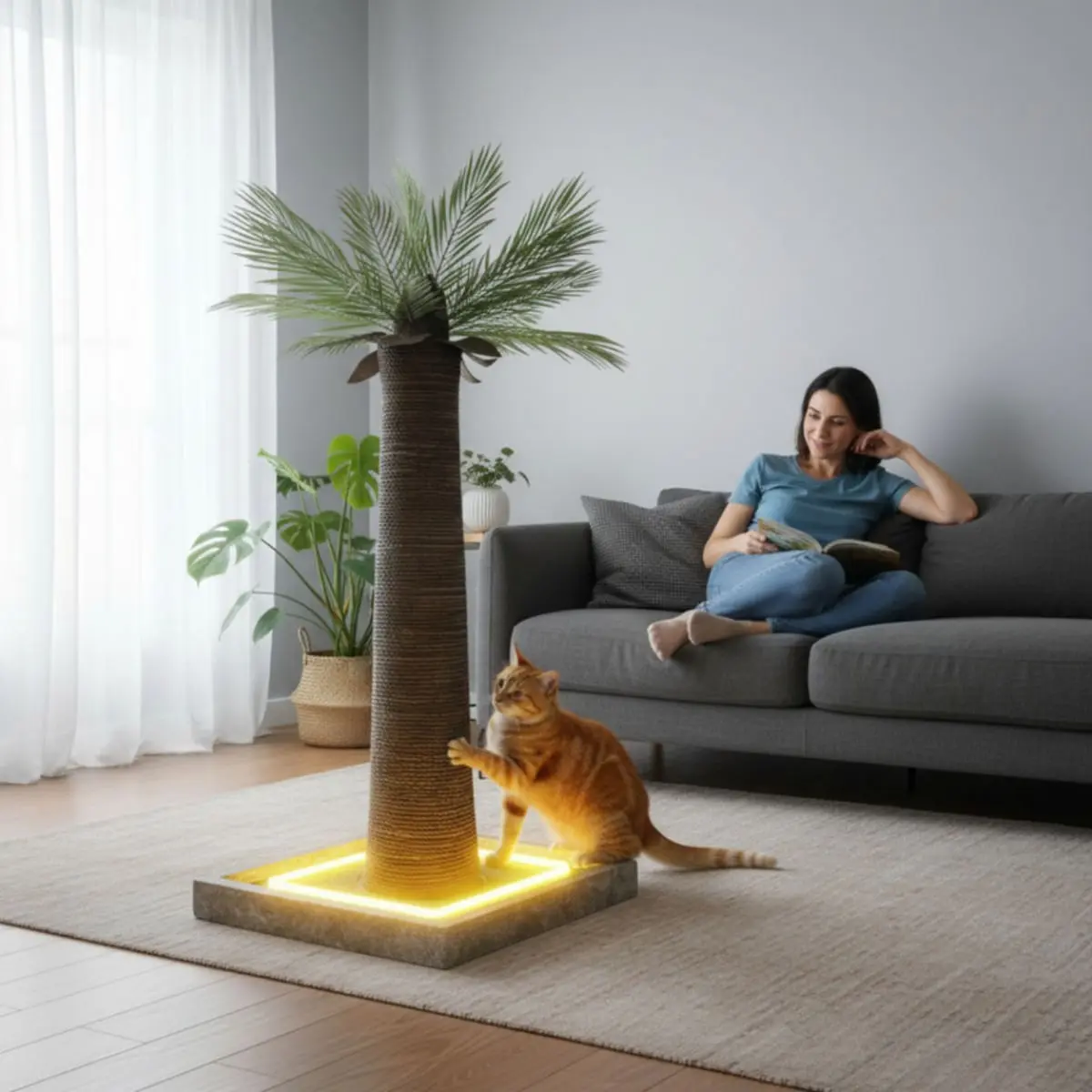 SHAW Palmier cu LED, stalp de zgariat cilindric pisici, MDF si sisal, maro, 45x45x92cm - Image 3