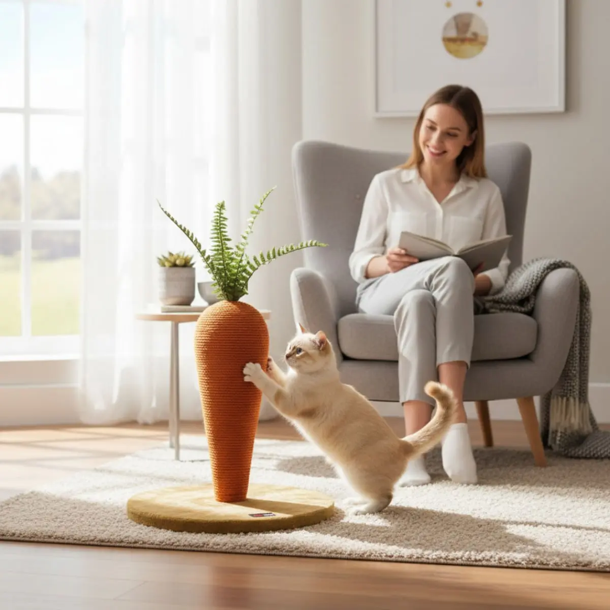 SHAW Morcov, stalp de zgariat cilindric pisici, MDF si sisal, portocaliu, 35x35x42cm - Image 3