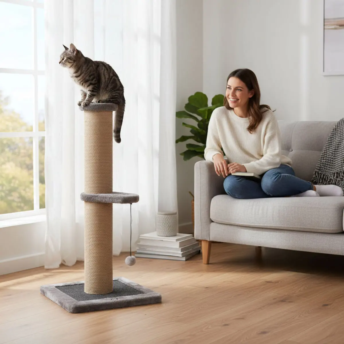 SHAW, stalp de zgariat cilindric pisici, 1 etaj, MDF si sisal, elemente atarnate, gri, 42x42x86cm - Image 3
