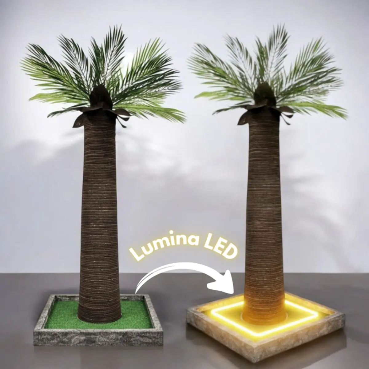 SHAW Palmier cu LED, stalp de zgariat cilindric pisici, MDF si sisal, maro, 45x45x92cm - Image 5
