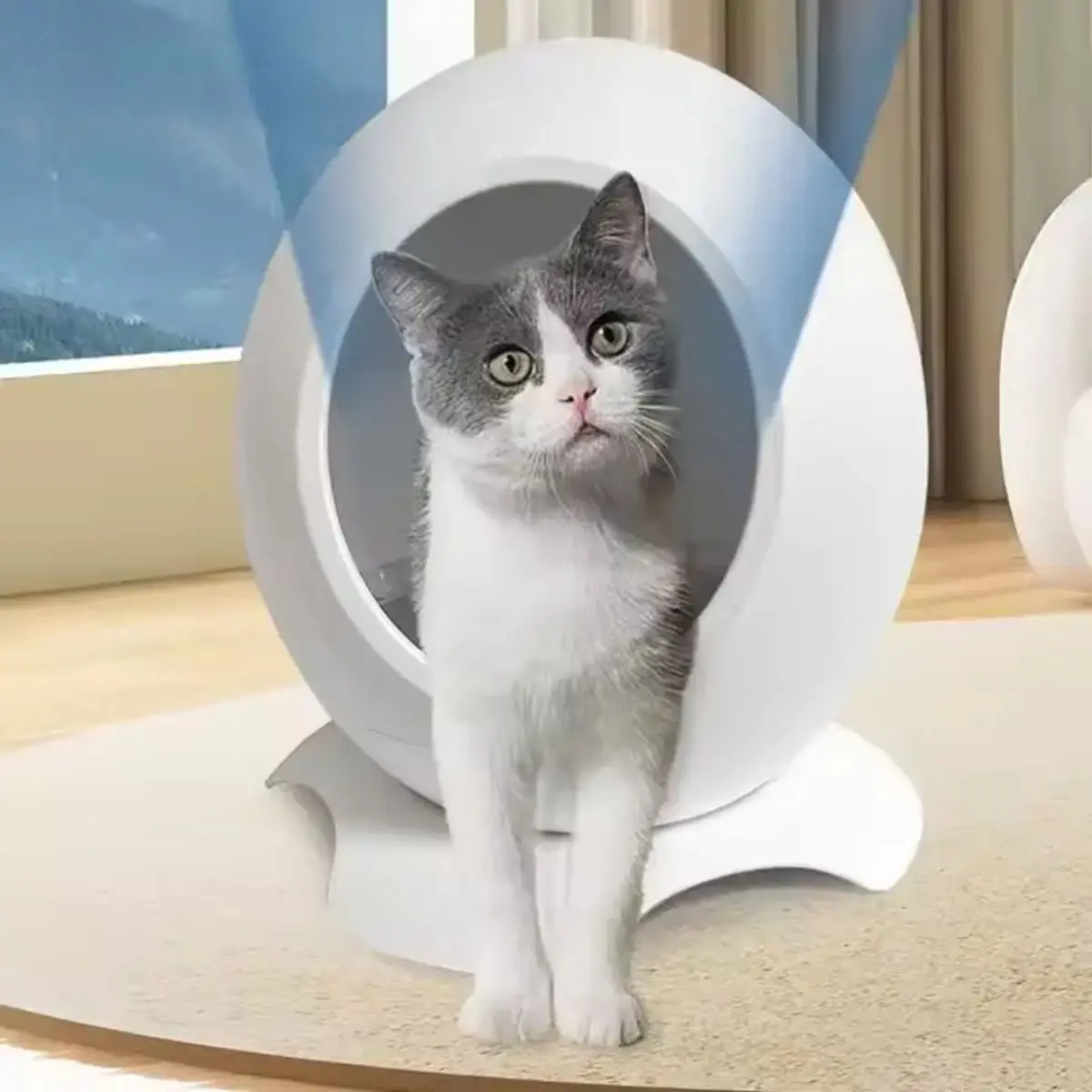 SHAW Patut Smart cu functii de incalzire, aplicatie mobila, reglare temperatura si muzica, casuta rotunda pisici, PVC, alb, 43x45.5x43cm - Image 4