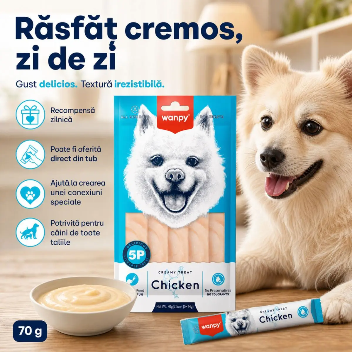 WANPY Creamy Treat, XS-XL, Pui, punguta recompense caini, (piure), 70g - Image 3