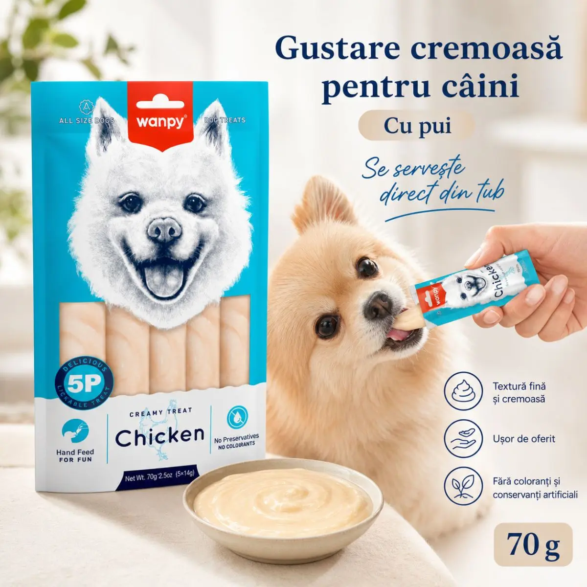WANPY Creamy Treat, XS-XL, Pui, punguta recompense caini, (piure), 70g - Image 4