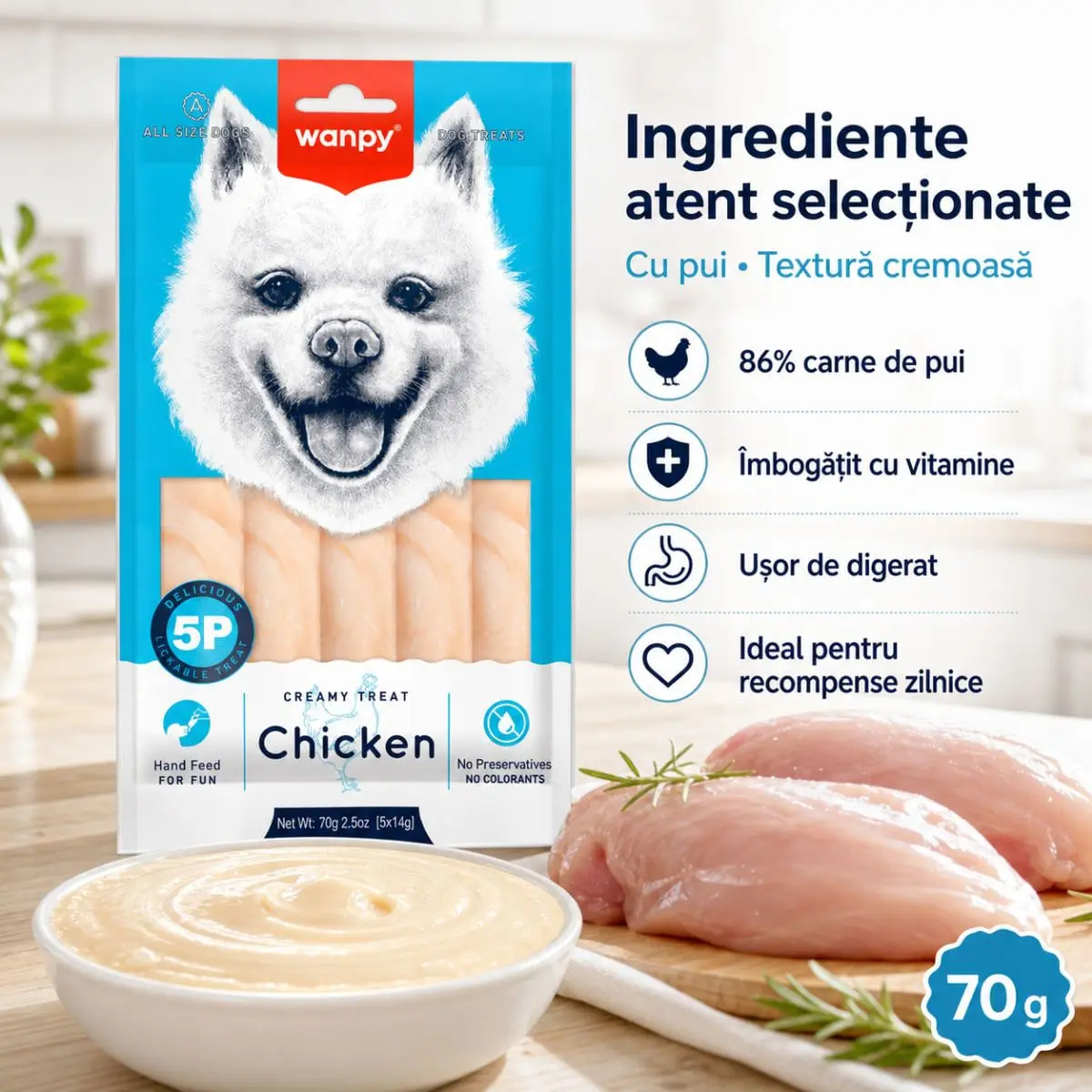 WANPY Creamy Treat, XS-XL, Pui, punguta recompense caini, (piure), 70g - Image 5