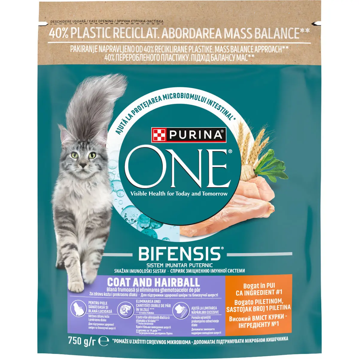 PURINA One Coat & Hairball, Pui, hrana uscata pisici, piele & blana, limitarea ghemurilor de blana, 750g - Image 2