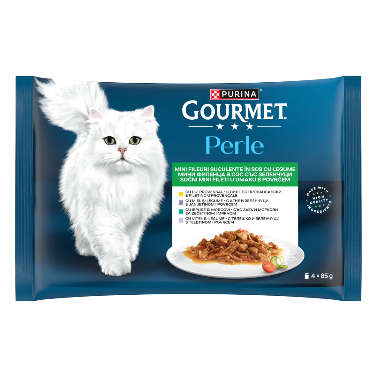 GOURMET Perle Vitel, Pui, Iepure cu Legume, Miel cu Legume, plic hrana umeda pisici, (in sos), multipack, 85g x 4buc