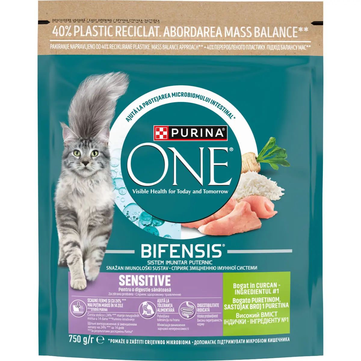 PURINA One Sensitive, Curcan si Orez, hrana uscata pisici, sistem digestiv, 750g