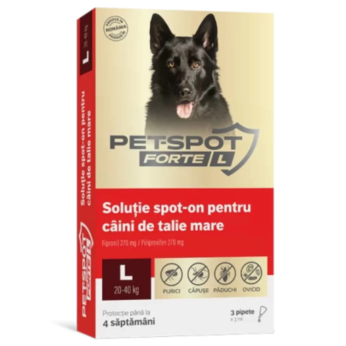 PASTEUR  Pet Spot Forte, deparazitare externa caini, pipeta PASTEUR  Pet Spot Forte, deparazitare externa caini, L(20 - 40kg), pipeta, 3ml x 3buc