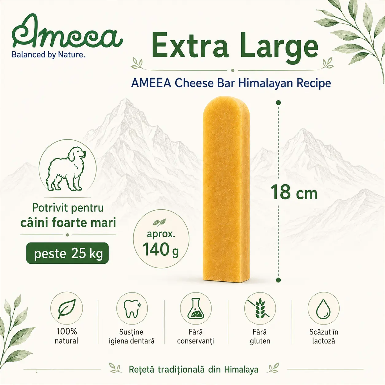 AMEEA Cheese Bar Himalayan Receipe Extra Large, XL, Branza, recompense fara cereale caini, 140g