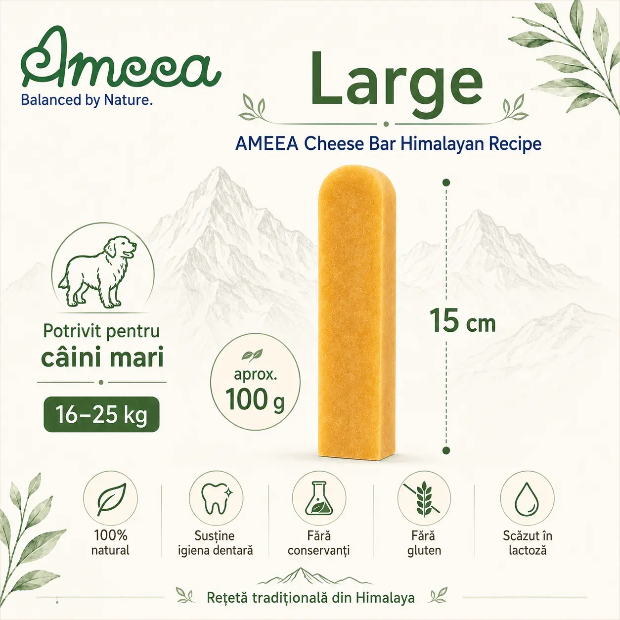 AMEEA Cheese Bar Himalayan Receipe Large, L, Branza, recompense fara cereale caini, 100g