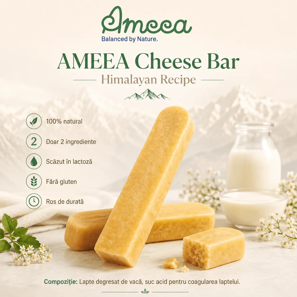 AMEEA Cheese Bar Himalayan Receipe Large, L, Branza, recompense fara cereale caini, 100g - Image 9