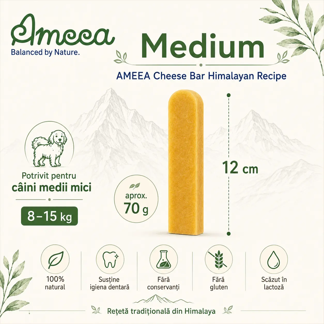 AMEEA Cheese Bar Himalayan Receipe Medium, M, Branza, recompense fara cereale caini, 70g - Image 2