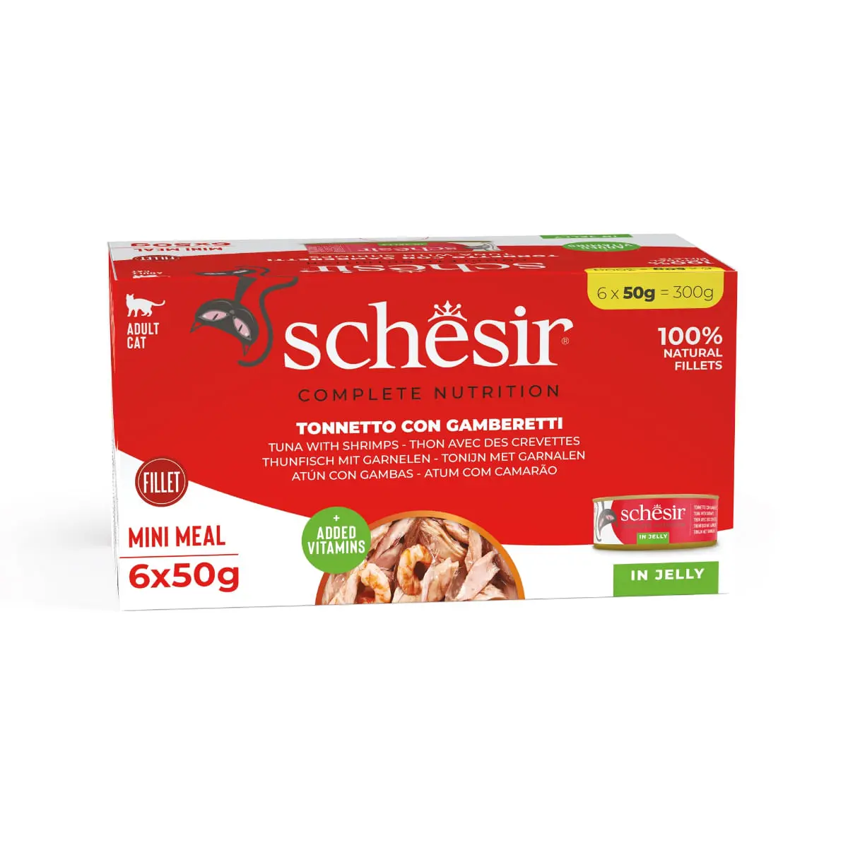 SCHESIR Complete Nutrition Multipack, Ton si Creveti, conserva hrana umeda pisici, (in aspic), multipack, 50g x 6buc