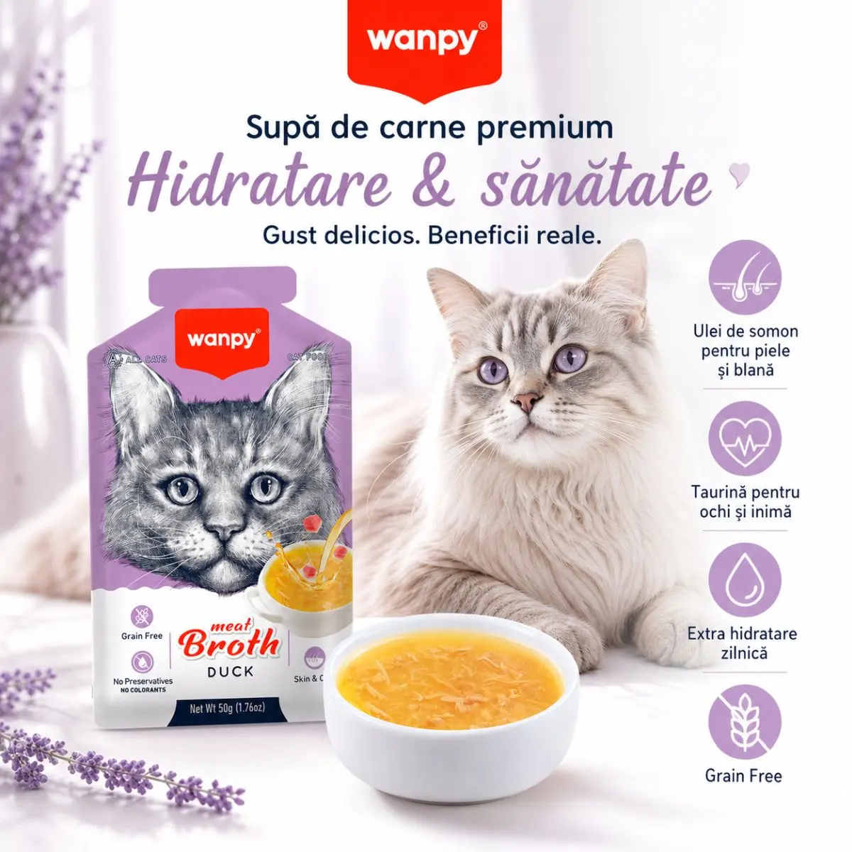 WANPY Meat Broth, Rata, plic hrana umeda pisici, (supa), 50g - Image 3