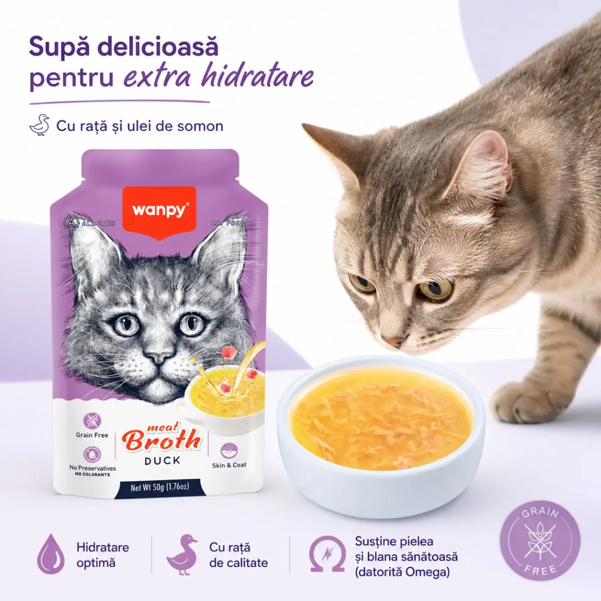 WANPY Meat Broth, Rata, plic hrana umeda pisici, (supa), 50g - Image 4