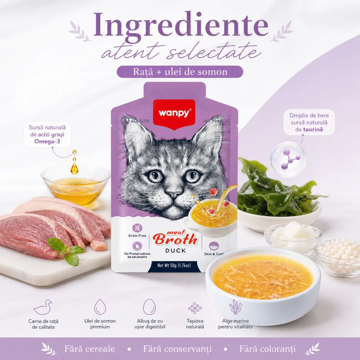 WANPY Meat Broth, Rata, plic hrana umeda pisici, (supa), 50g - Image 5