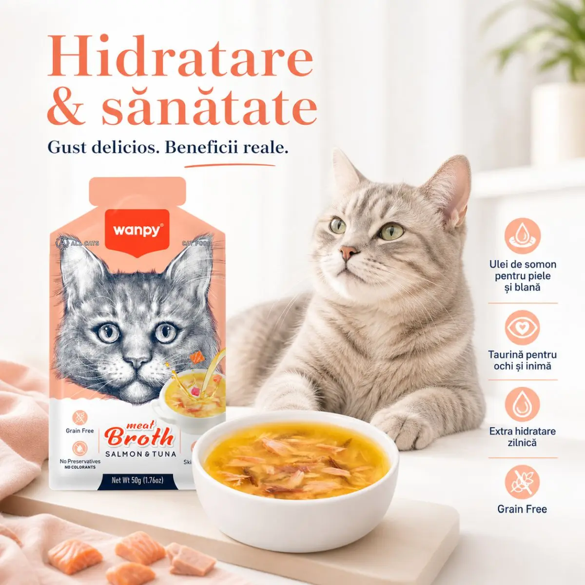 WANPY Meat Broth, Somon si Ton, plic hrana umeda pisici, (supa), 50g - Image 3