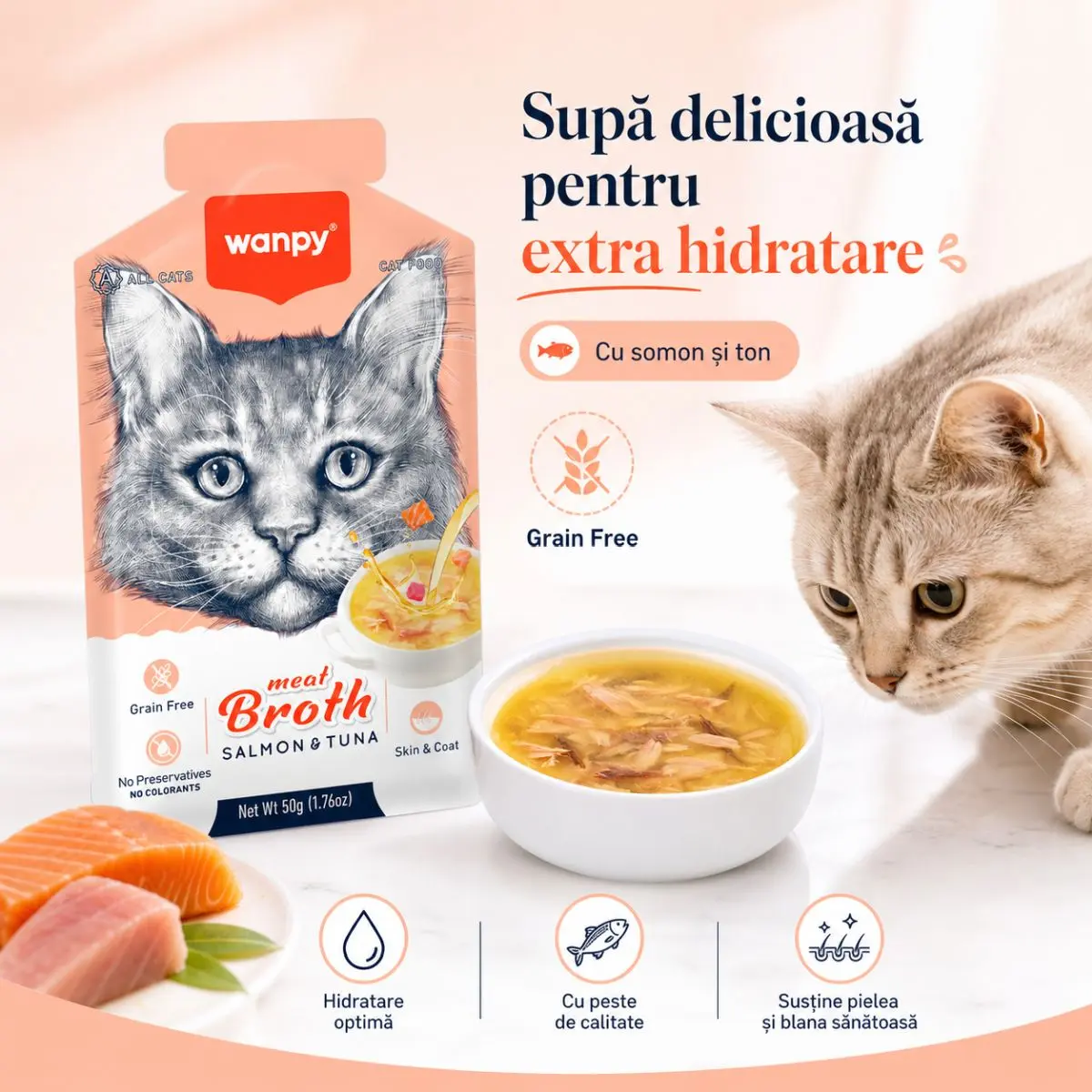 WANPY Meat Broth, Somon si Ton, plic hrana umeda pisici, (supa), 50g - Image 4