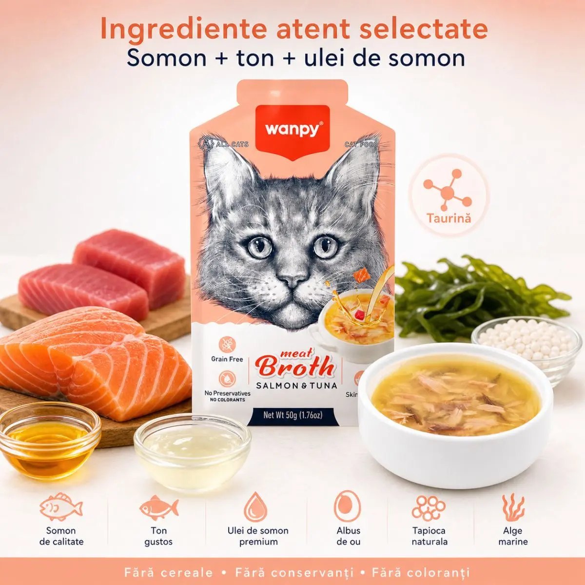 WANPY Meat Broth, Somon si Ton, plic hrana umeda pisici, (supa), 50g - Image 5