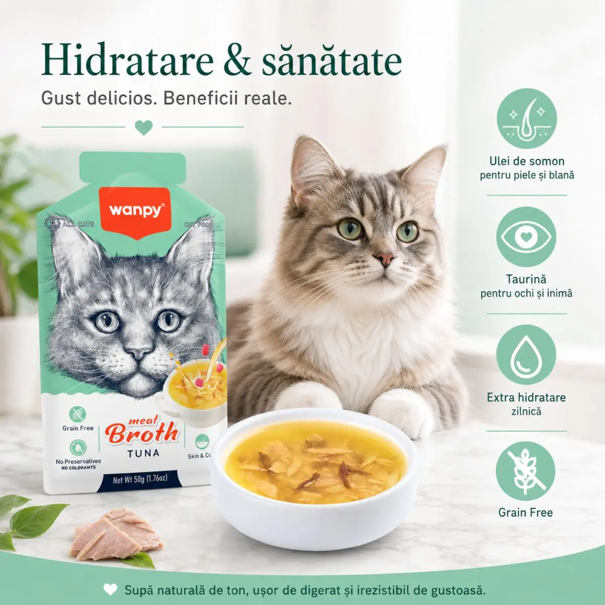 WANPY Meat Broth, Ton, plic hrana umeda pisici, (supa), 50g - Image 3