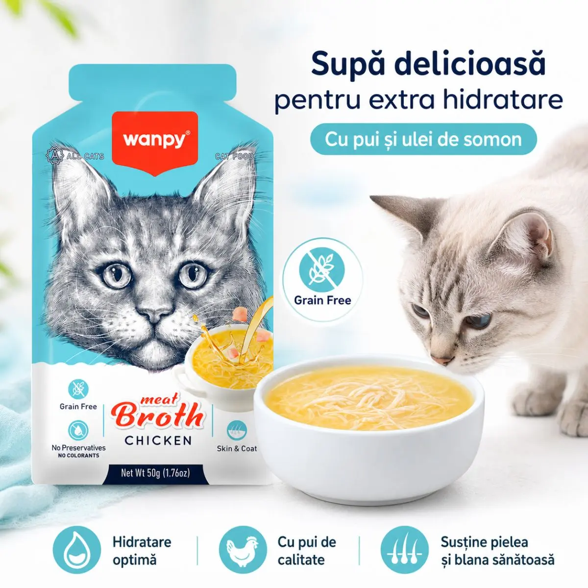WANPY Meat Broth, Pui, plic hrana umeda pisici, (supa), 50g - Image 4