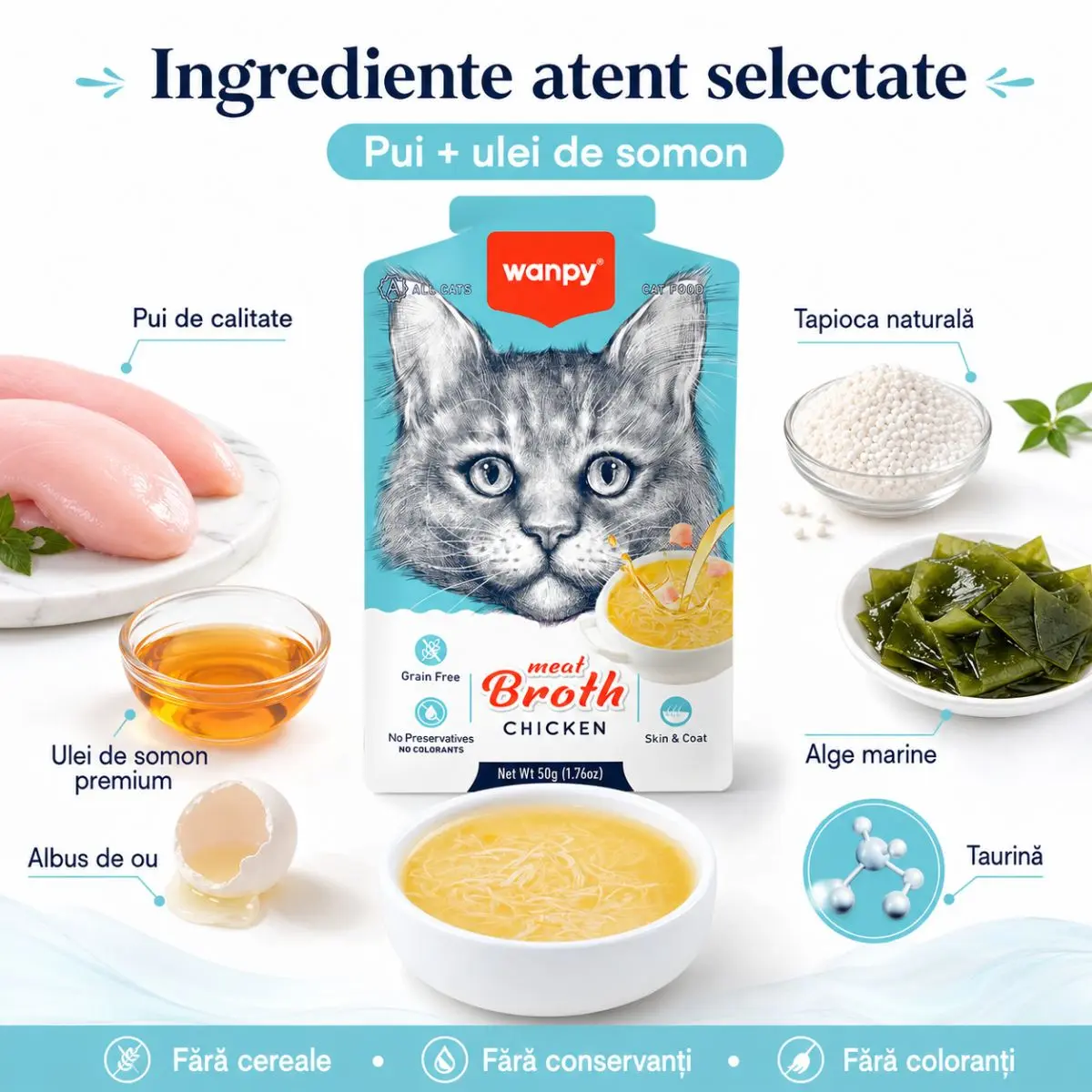 WANPY Meat Broth, Pui, plic hrana umeda pisici, (supa), 50g - Image 5