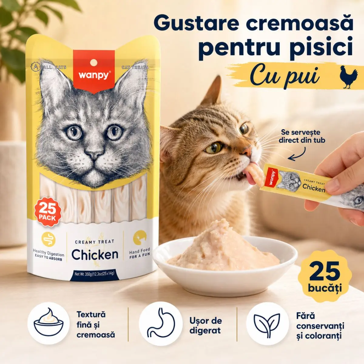 WANPY Creamy Treat, Pui, punguta recompense pisici, (piure), 350g - Image 4