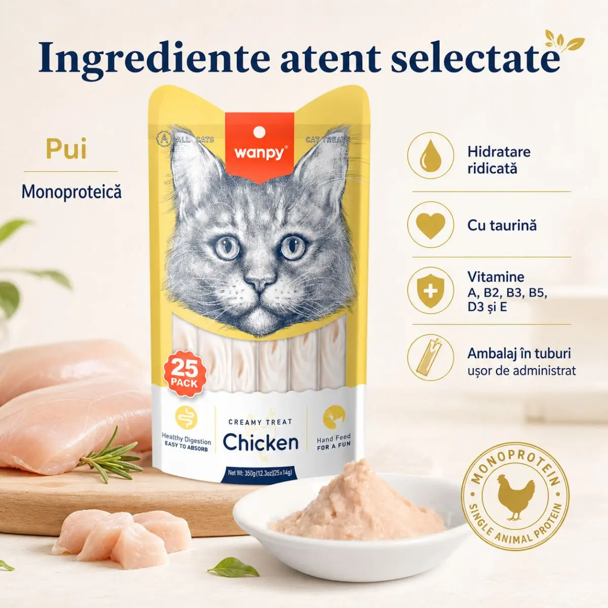 WANPY Creamy Treat, Pui, punguta recompense pisici, (piure), 350g - Image 5