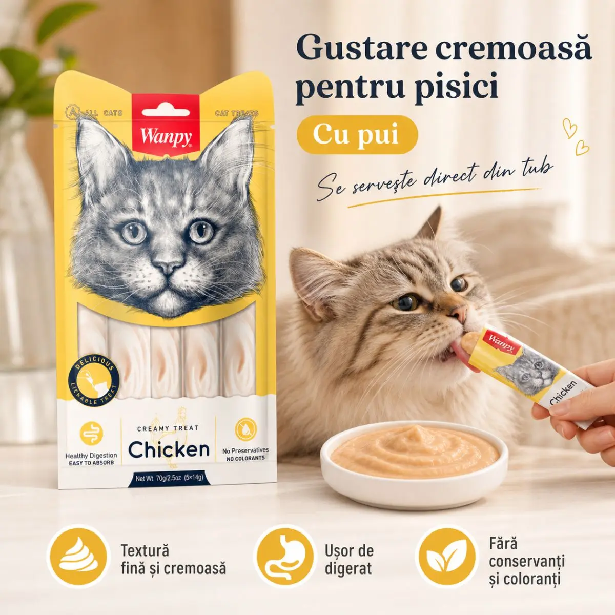 WANPY Creamy Treat, Pui, punguta recompense pisici, (piure) WANPY Creamy Treat, Pui, punguta recompense monoproteica pisici, (piure), 70g - Image 3