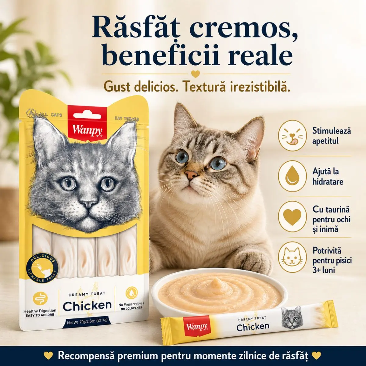 WANPY Creamy Treat, Pui, punguta recompense pisici, (piure) WANPY Creamy Treat, Pui, punguta recompense monoproteica pisici, (piure), 70g - Image 4
