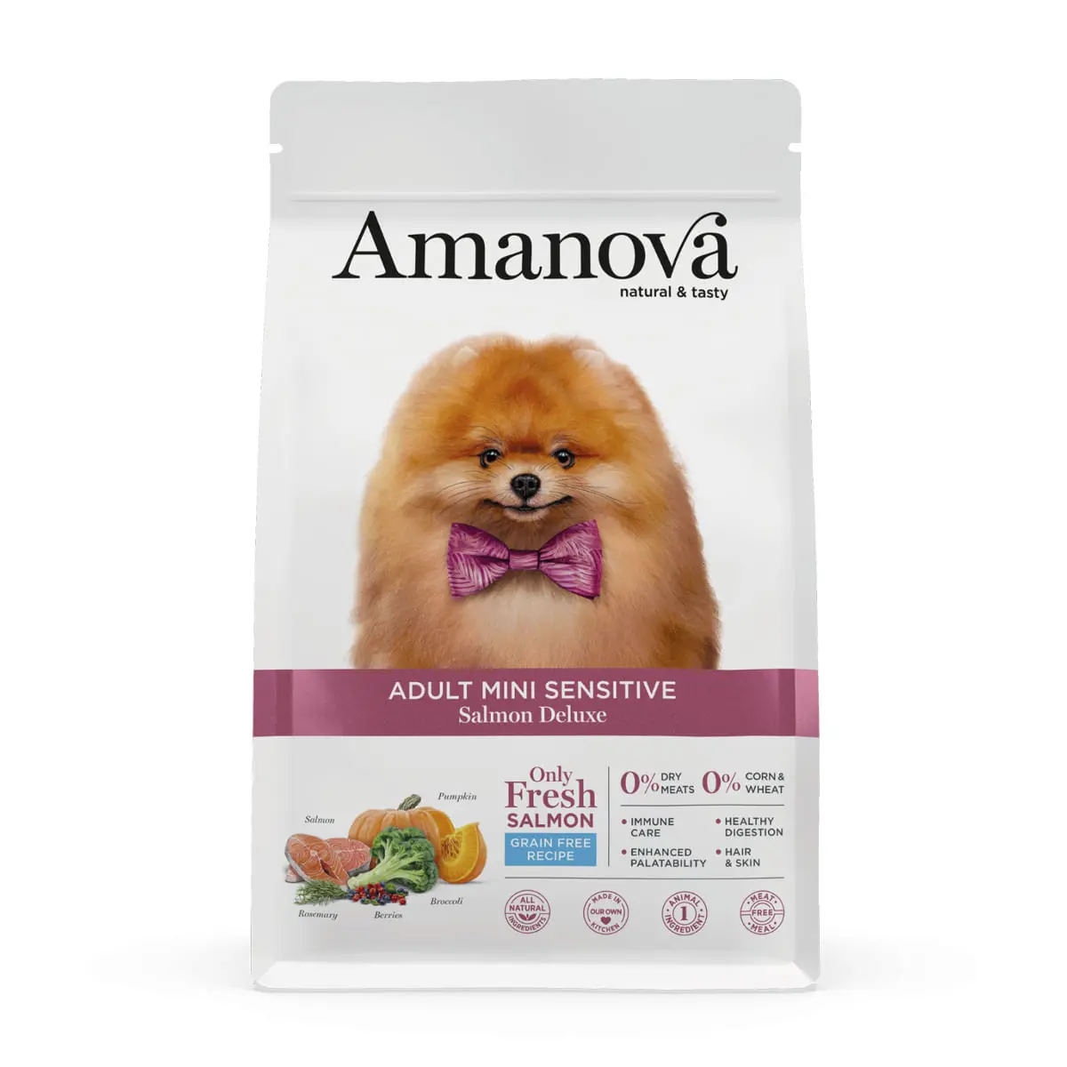 AMANOVA Adult Mini Sensitive, XS-S, Somon, hrana uscata monoproteica fara cereale caini, piele & blana, sistem digestiv, 7kg