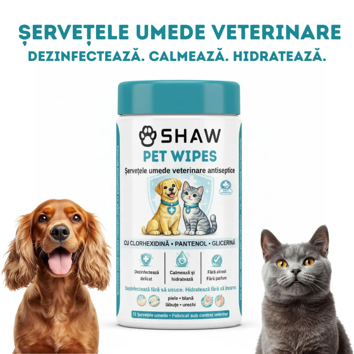 SHAW Pet Wipes cu Clorhexidina, servetele umede caini si pisici, antibacteriene, hidratant, flacon, 72buc