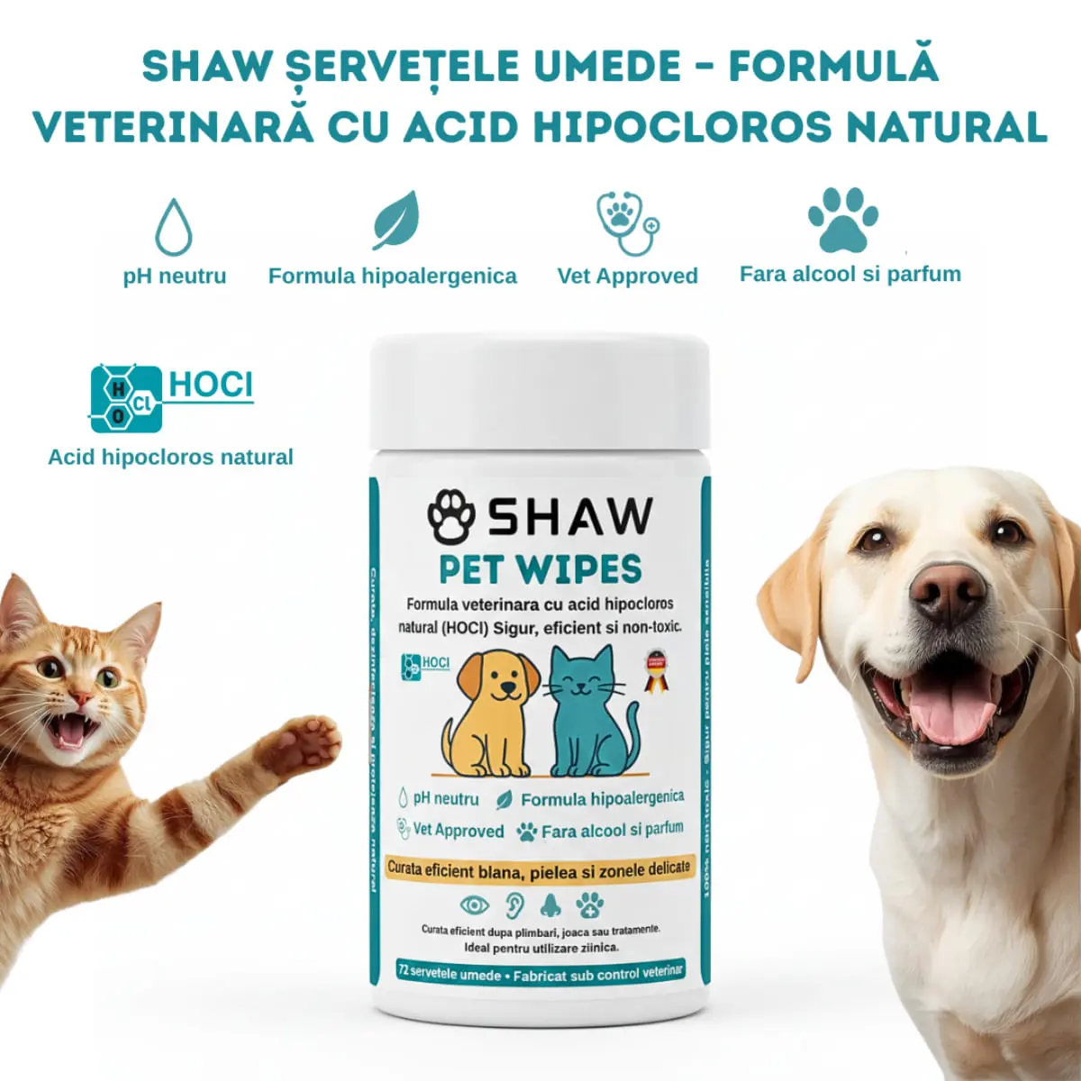 SHAW Pet Wipes cu acid hipocloros, servetele umede caini si pisici, hipoalergenic, flacon, 72buc