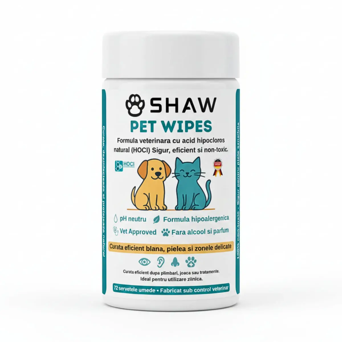 SHAW Pet Wipes cu acid hipocloros, servetele umede caini si pisici, hipoalergenic, flacon, 72buc - Image 3