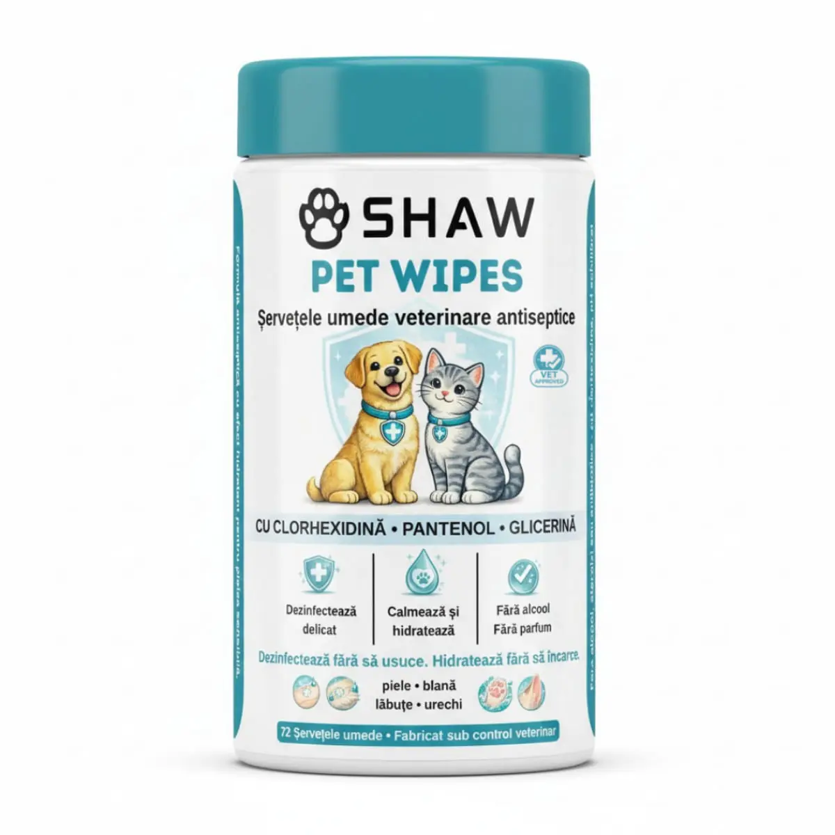 SHAW Pet Wipes cu Clorhexidina, servetele umede caini si pisici, antibacteriene, hidratant, flacon, 72buc - Image 3