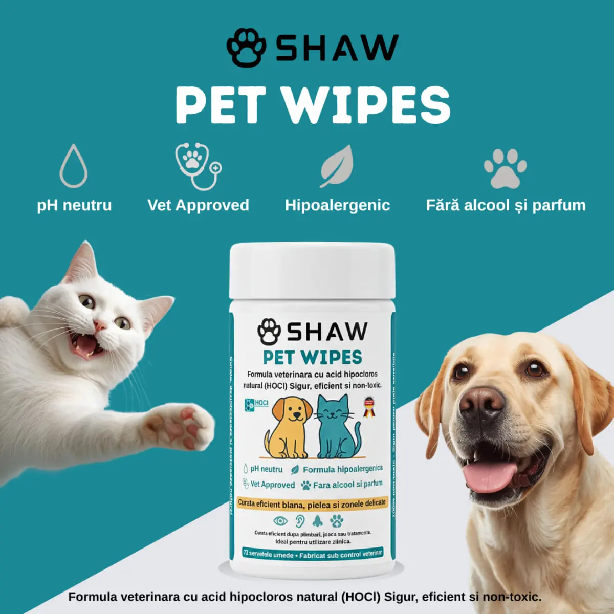 SHAW Pet Wipes cu acid hipocloros, servetele umede caini si pisici, hipoalergenic, flacon, 72buc - Image 4