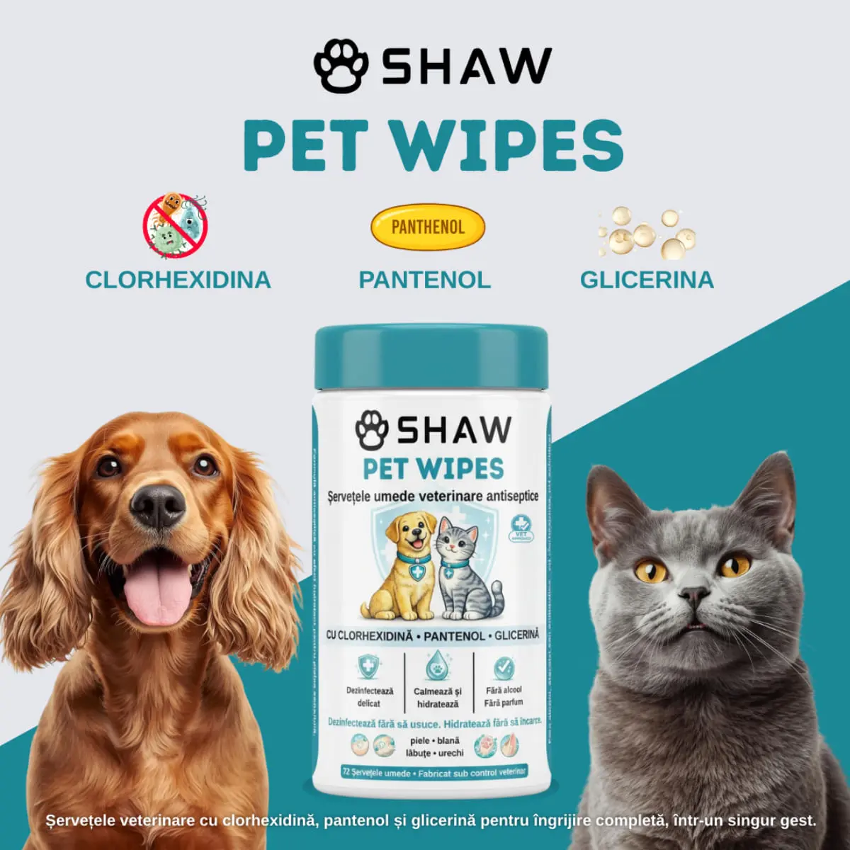 SHAW Pet Wipes cu Clorhexidina, servetele umede caini si pisici, antibacteriene, hidratant, flacon, 72buc - Image 4