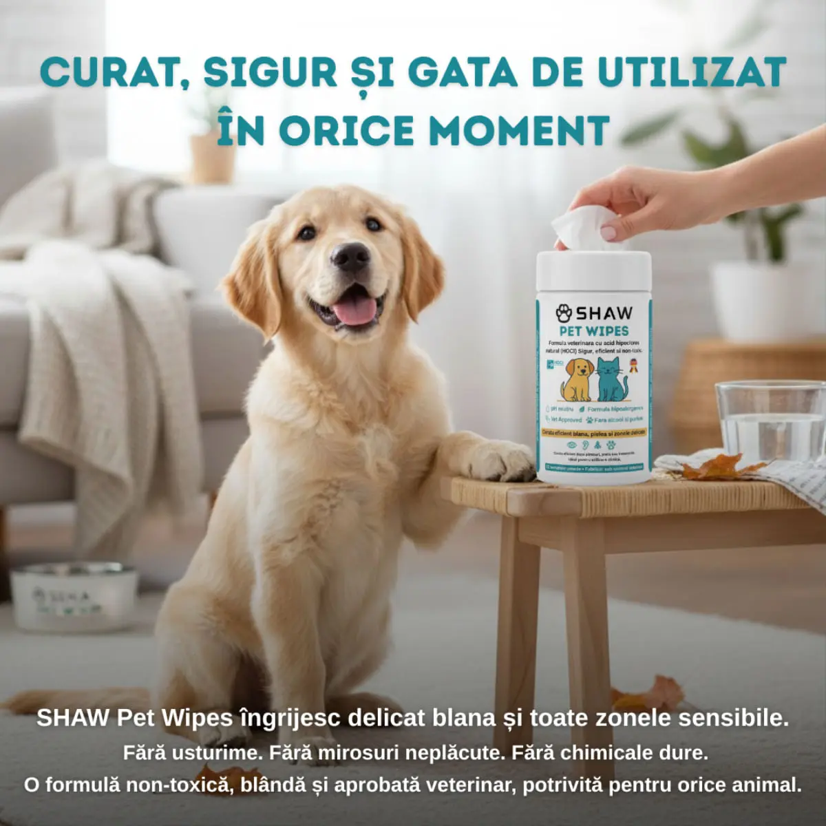 SHAW Pet Wipes cu acid hipocloros, servetele umede caini si pisici, hipoalergenic, flacon, 72buc - Image 5
