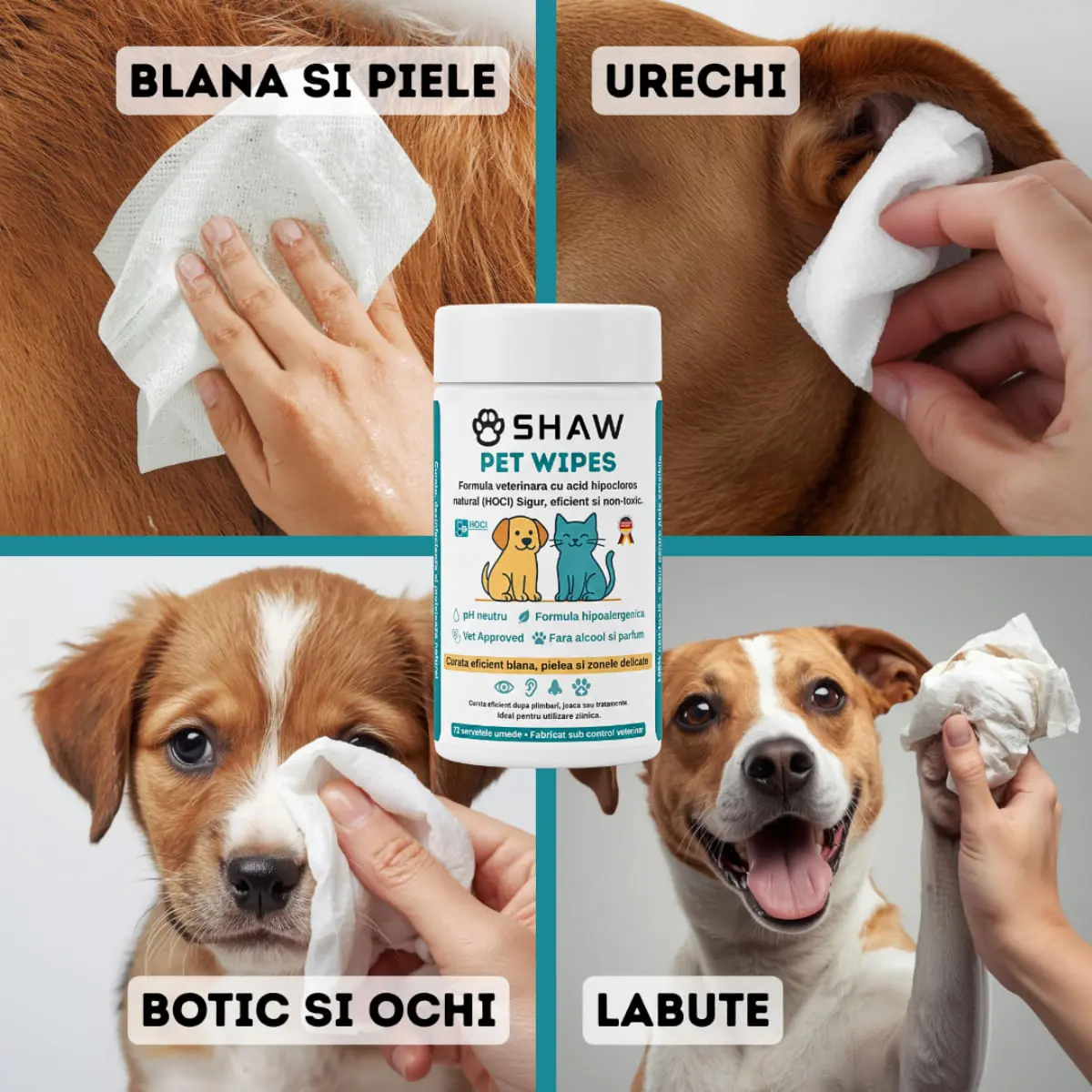 SHAW Pet Wipes cu acid hipocloros, servetele umede caini si pisici, hipoalergenic, flacon, 72buc - Image 6