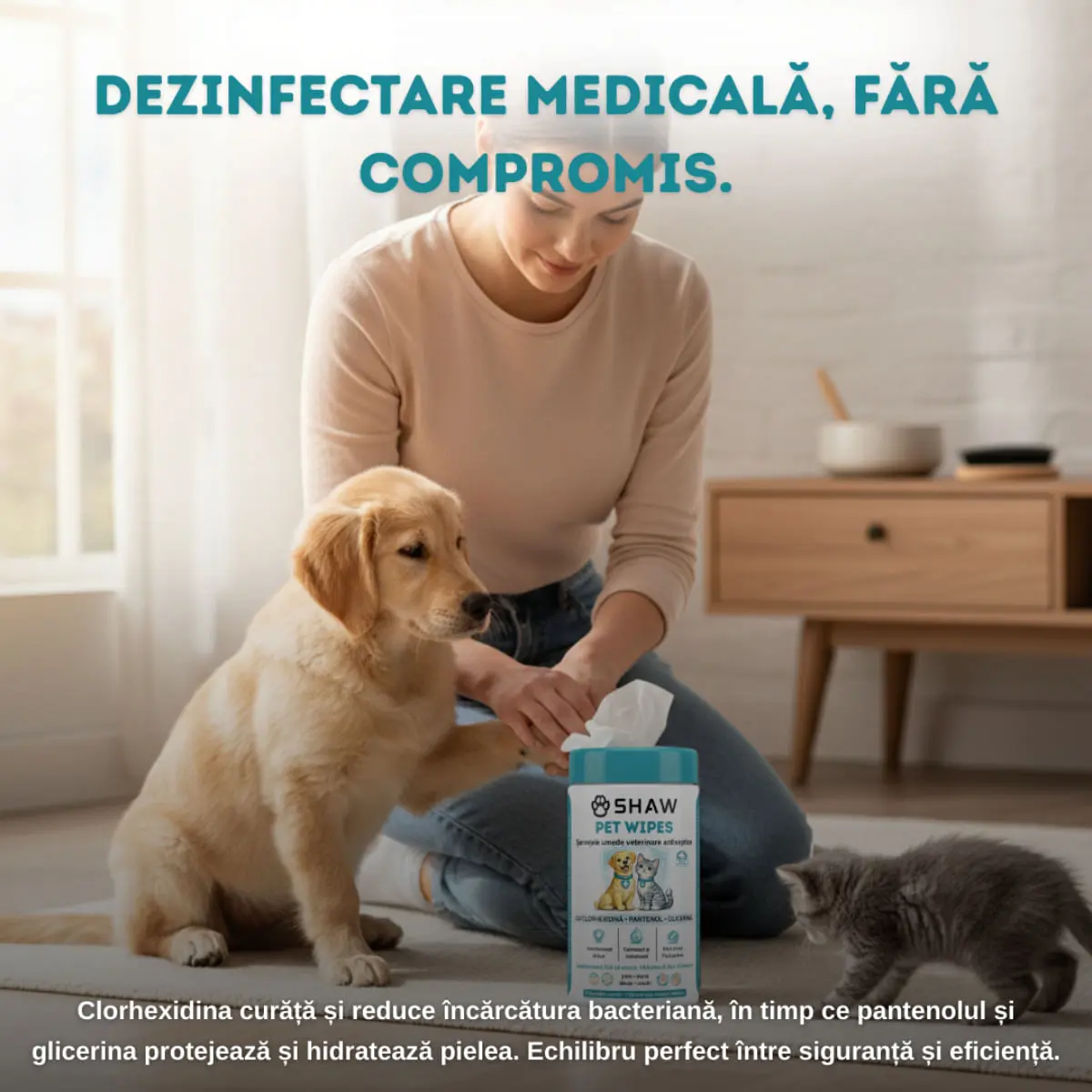 SHAW Pet Wipes cu Clorhexidina, servetele umede caini si pisici, antibacteriene, hidratant, flacon, 72buc - Image 6